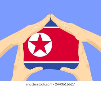 Hand home with North Korea flag, residential or investment idea, real estate in North Korea, vector design, buying house in foreign country, housing and home concept