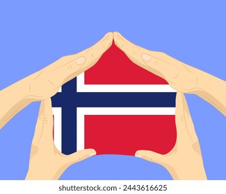 Hand home with Norway flag, residential or investment idea, real estate in Norway, vector design, buying house in foreign country, housing and home concept