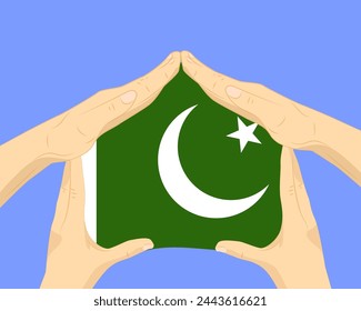 Hand home with Pakistan flag, residential or investment idea, real estate in Pakistan, vector design, buying house in foreign country, housing and home concept