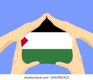 Hand home with Palestine flag, residential or investment idea, real estate in Palestine, vector design, buying house in foreign country, housing and home concept