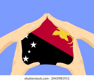 Casa de la mano con la bandera de Papúa Nueva Guinea, idea residencial o de inversión, bienes raíces en Papúa Nueva Guinea, diseño de Vector, compra de casa en el país extranjero, vivienda y concepto de hogar