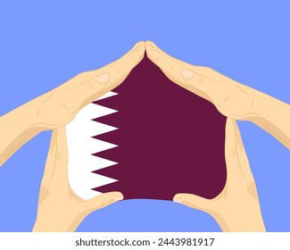 Hand home with Qatar flag, residential or investment idea, real estate in Qatar, vector design, buying house in foreign country, housing and home concept