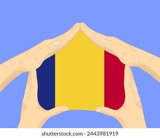 Hand home with Romania flag, residential or investment idea, real estate in Romania, vector design, buying house in foreign country, housing and home concept