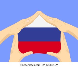 Mano a casa con la bandera de Rusia, idea residencial o de inversión, bienes raíces en Rusia, diseño de Vector, compra de casa en el país extranjero, vivienda y concepto de hogar