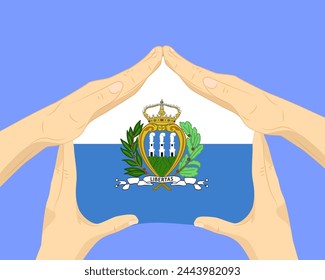 Hand home with San Marino flag, residential or investment idea, real estate in San Marino, vector design, buying house in foreign country, housing and home concept