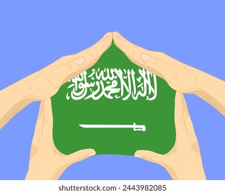 Hand home with Saudi Arabia flag, residential or investment idea, real estate in Saudi Arabia, vector design, buying house in foreign country, housing and home concept