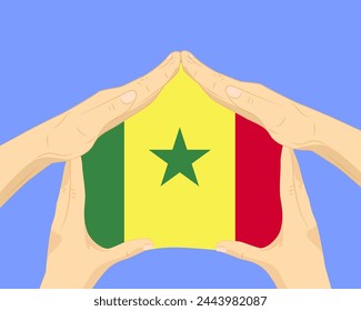 Hand home with Senegal flag, residential or investment idea, real estate in Senegal, vector design, buying house in foreign country, housing and home concept