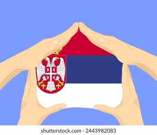 Hand home with Serbia flag, residential or investment idea, real estate in Serbia, vector design, buying house in foreign country, housing and home concept