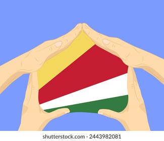 Casa de la mano con la bandera de Seychelles, idea residencial o de inversión, bienes raíces en Seychelles, diseño de Vectores, comprar casa en el país extranjero, vivienda y concepto de hogar