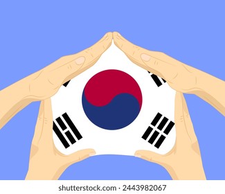 Hand home with South Korea flag, residential or investment idea, real estate in South Korea, vector design, buying house in foreign country, housing and home concept