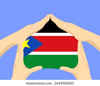 Hand home with South Sudan flag, residential or investment idea, real estate in South Sudan, vector design, buying house in foreign country, housing and home concept