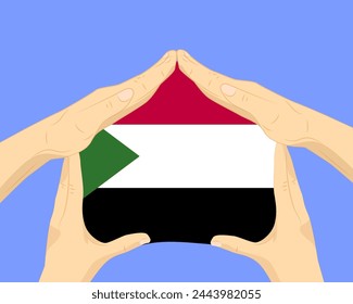 Hand home with Sudan flag, residential or investment idea, real estate in Sudan, vector design, buying house in foreign country, housing and home concept