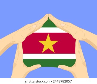 Hand home with Suriname flag, residential or investment idea, real estate in Suriname, vector design, buying house in foreign country, housing and home concept