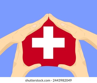 Hand home with Switzerland flag, residential or investment idea, real estate in Switzerland, vector design, buying house in foreign country, housing and home concept