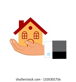 Hand with home symbol. Vector illustration.