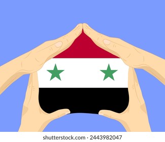 Hand home with Syria flag, residential or investment idea, real estate in Syria, vector design, buying house in foreign country, housing and home concept