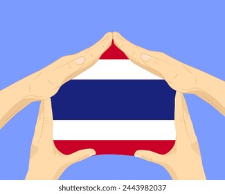 Casa de la mano con la bandera de Tailandia, idea residencial o de inversión, bienes raíces en Tailandia, diseño de Vector, compra de casa en el país extranjero, vivienda y concepto de hogar