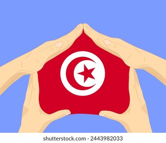 Hand home with Tunisia flag, residential or investment idea, real estate in Tunisia, vector design, buying house in foreign country, housing and home concept