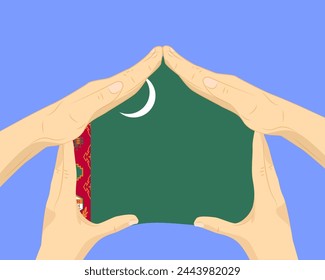 Hand home with Turkmenistan flag, residential or investment idea, real estate in Turkmenistan, vector design, buying house in foreign country, housing and home concept