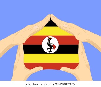 Mano a casa con la bandera de Uganda, idea residencial o de inversión, bienes raíces en Uganda, diseño de Vectores, comprar casa en el país extranjero, vivienda y concepto de hogar