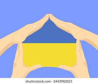 Hand home with Ukraine flag, residential or investment idea, real estate in Ukraine, vector design, buying house in foreign country, housing and home concept