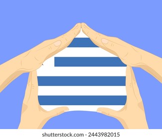 Hand home with Uruguay flag, residential or investment idea, real estate in Uruguay, vector design, buying house in foreign country, housing and home concept