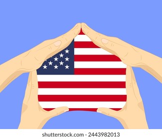 Hand home with USA flag, residential or investment idea, real estate in USA, vector design, buying house in foreign country, housing and home concept