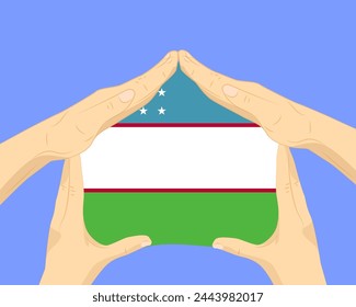 Mano a casa con la bandera de Uzbekistán, idea residencial o de inversión, bienes raíces en Uzbekistán, diseño de Vector, compra de casa en el país extranjero, vivienda y concepto de hogar