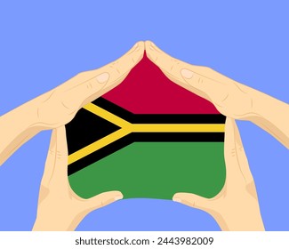 Hand home with Vanuatu flag, residential or investment idea, real estate in Vanuatu, vector design, buying house in foreign country, housing and home concept