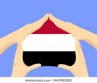 Hand home with Yemen flag, residential or investment idea, real estate in Yemen, vector design, buying house in foreign country, housing and home concept