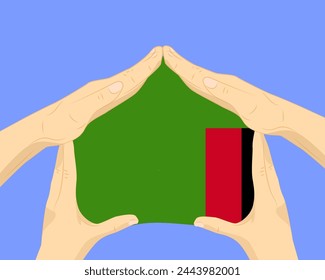 Hand home with Zambia flag, residential or investment idea, real estate in Zambia, vector design, buying house in foreign country, housing and home concept