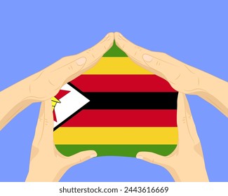 Mano a casa con la bandera de Zimbabwe, idea residencial o de inversión, bienes raíces en Zimbabwe, diseño vectorial, compra de casa en el extranjero, vivienda y concepto de hogar