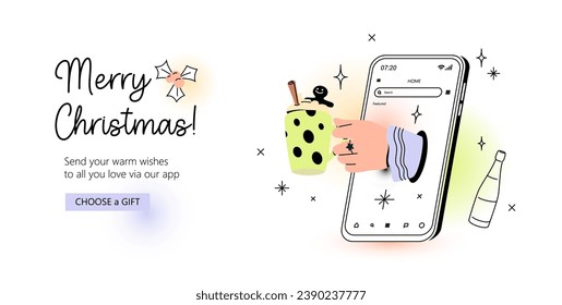 Hand with hot chocolate coming out of smartphone screen. Christmas celebration web banner template. Contemporary vector illustration of sending warm wisher via mobile app. Seasonal communication.