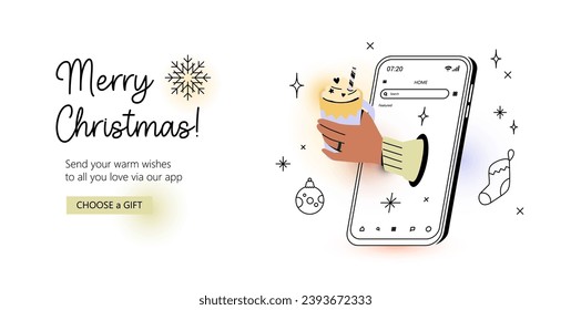 Hand with hot chocolate coming out of smartphone screen. Christmas celebration web banner template. Contemporary vector illustration of sending warm wisher via mobile app. Seasonal communication.