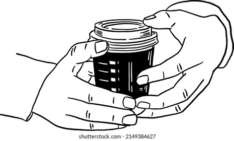 Hand with Hot Coffee cup Hand drawn Line art Illustration