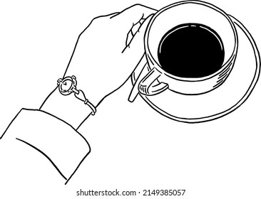 Hand with Hot Coffee cup Hand drawn Line art Illustration