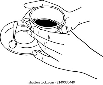 Hand with Hot Coffee cup Hand drawn Line art Illustration