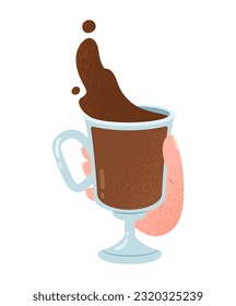 Hand with hot drink in mug concept. Cup with coffee or tea. Espresso, cappuccino and americano, latte. Cafe or restaurant, catering. Cartoon flat vector illustration isolated on white background