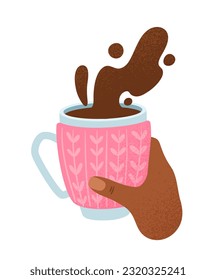 Hand with hot drink in mug concept. Cup with coffee or tea. Traditional breakfast. Cafe or restaurant menu. Poster or banner. Cartoon flat vector illustration isolated on white background