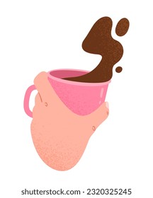 Hand with hot drink in mug concept. Cup with coffee or tea. Aroma and beverage. Espresso, cappuccino and americano. Social media sticker. Cartoon flat vector illustration isolated on white background