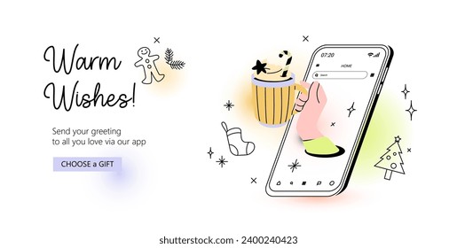 Hand with hot drink sticking out of smartphone screen. Christmas celebration web banner template. Contemporary vector illustration of sending warm wisher via mobile app. Seasonal communication.