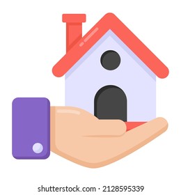 Mano con casa que denota un icono plano de la atención domiciliaria 

