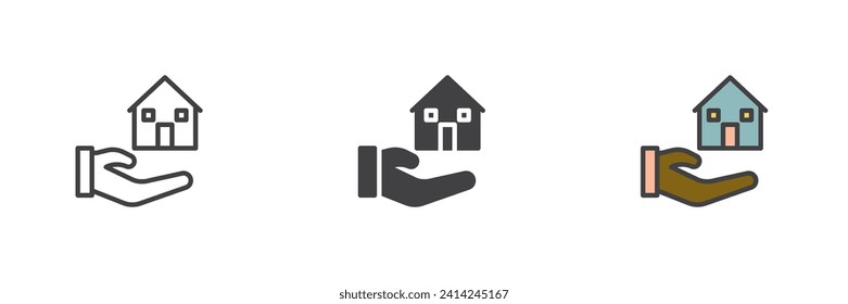 Conjunto de iconos de estilo de mano y casa diferente. Línea, glifo y contorno relleno versión colorida, contorno y signo vectorial relleno. Símbolo inmobiliario, ilustración del logo. Gráficos vectoriales