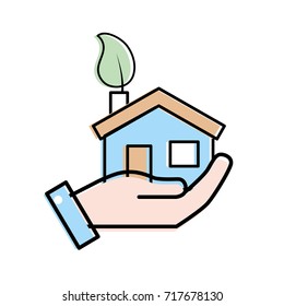 hand with house with ecological leaf to environment care