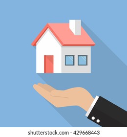 Hand with house flat icon with long shadow