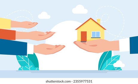 Hand with a house. Home Loan concept, Rent, Buying a property. The family wants to buy a house. Real estate agent at work, investment, mortgage, house loan, account, banking. Vector illustration