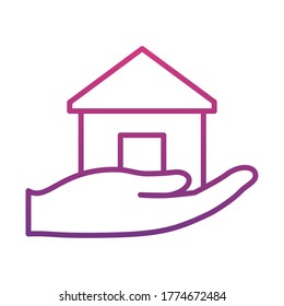 hand with house icon over white background, gradient style, vector illustration