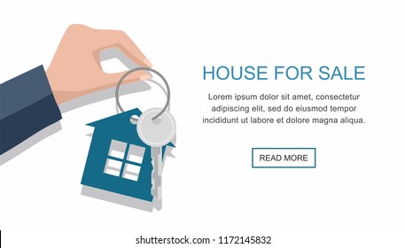 Hand with a house key isolated on white background. Vector web banner 