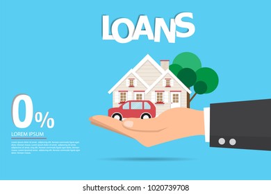 Hand in hand with a house in the palm and collect coins to buy a home. Interest zero percent. vector illustration flat design.