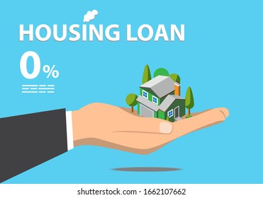 Hand in hand with a house in the palm and collect coins to buy a home. Interest zero percent. vector illustration flat design. For design and advertising